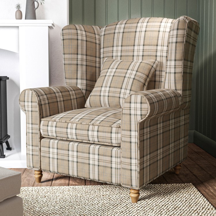 Beige Tartan High Back Armchair - Rupert