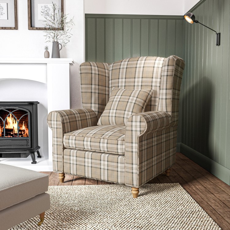 Beige Tartan High Back Armchair - Rupert