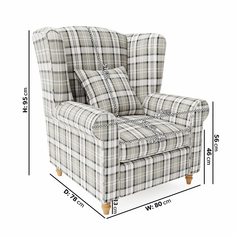 Grey Tartan Fabric High Back Armchair - Rupert