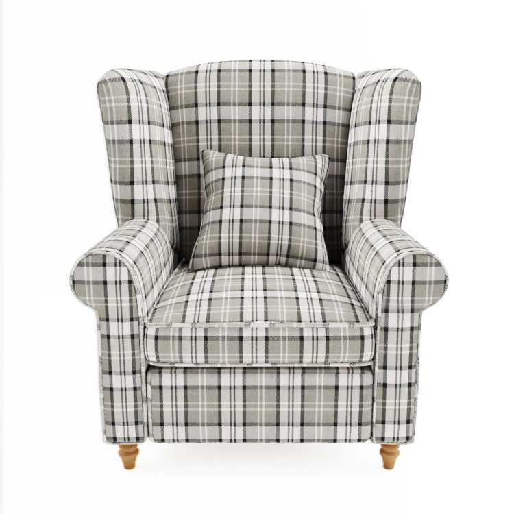 Grey Tartan Fabric High Back Armchair - Rupert