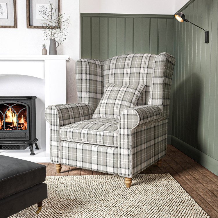 Grey Tartan Fabric High Back Armchair - Rupert