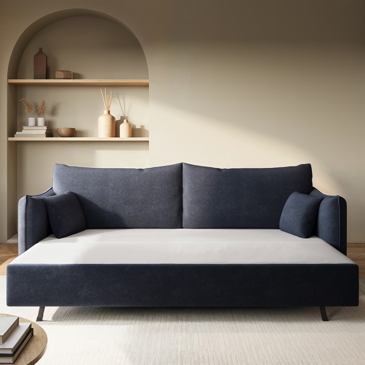 Navy Blue Chenille Fabric 3-Seater Pull Out Sofa Bed - River