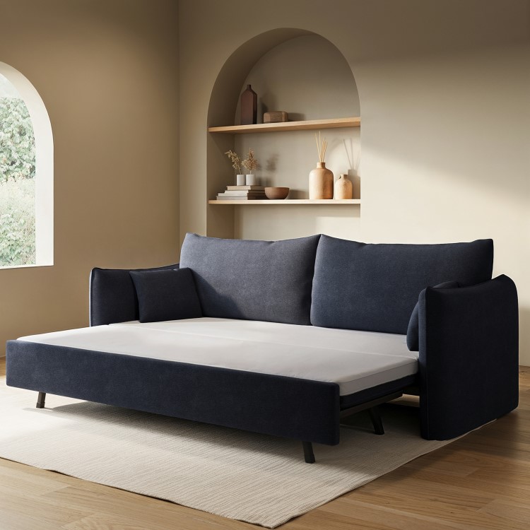 Navy Blue Chenille Fabric 3-Seater Pull Out Sofa Bed - River