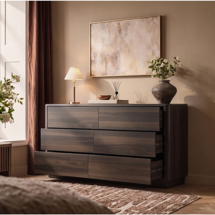 Modern Walnut 6 Drawer Chest of Drawers - Rowan