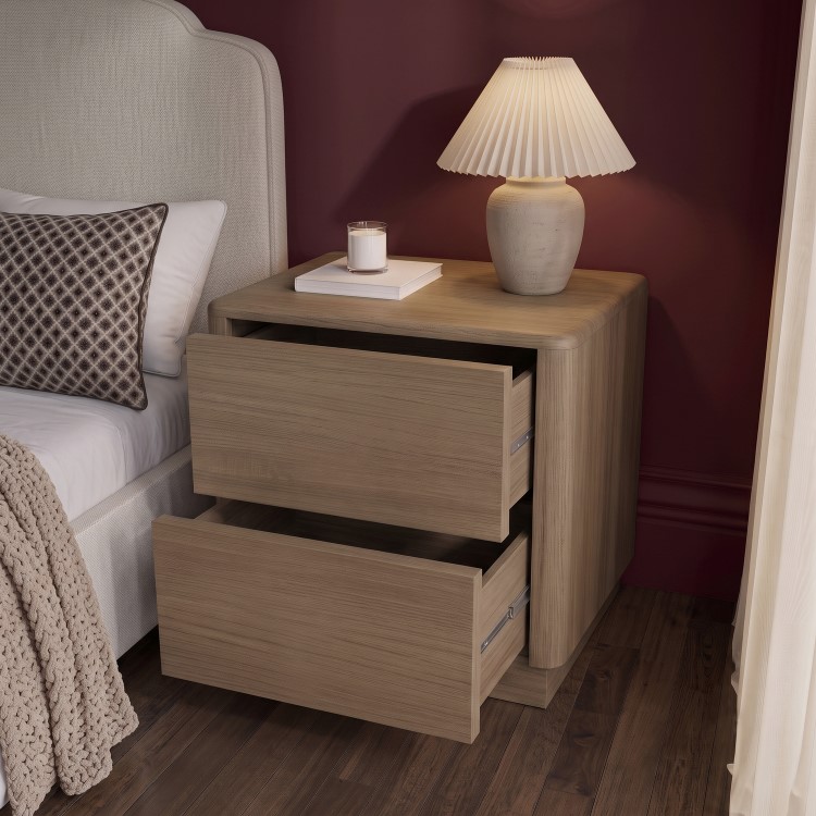 Modern Oak 2 Drawer Bedside Table - Rowan