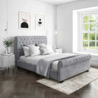 Grey Velvet Double Chesterfield Sleigh Bed Frame - Safina