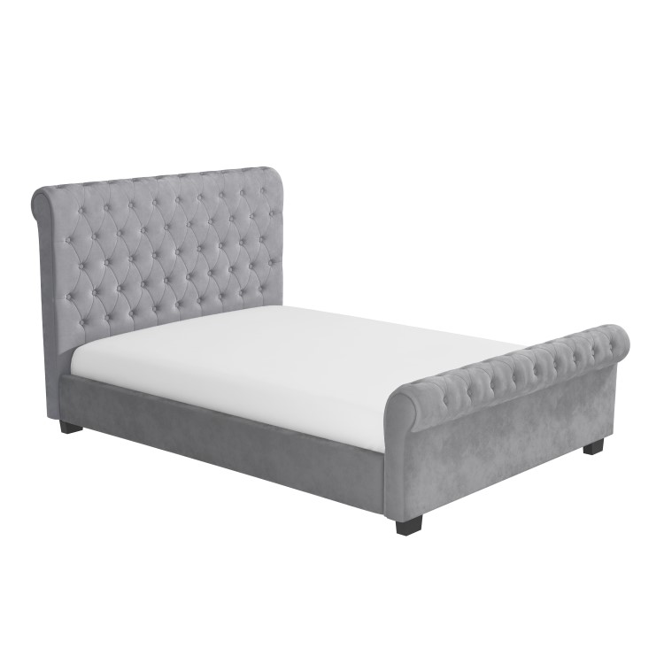 Grey Velvet Double Chesterfield Sleigh Bed Frame - Safina