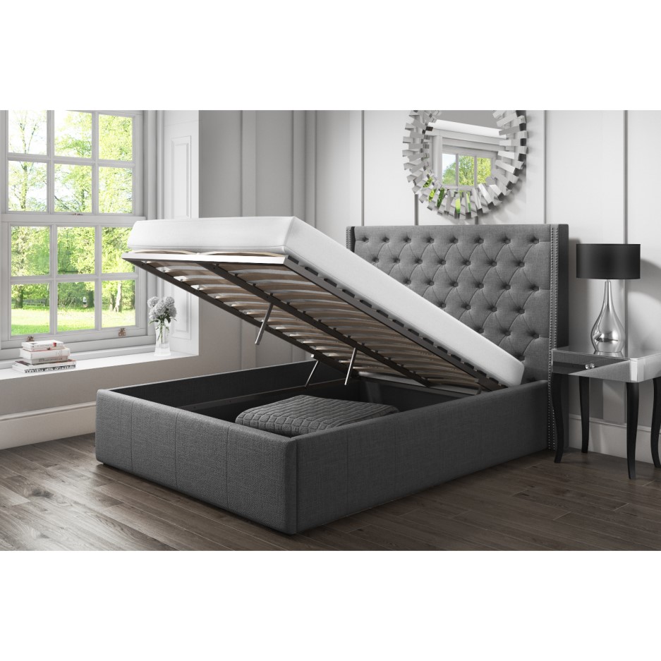 Safina Double Wing Back Ottoman Bed with Stud Detail in Woven Charcoal