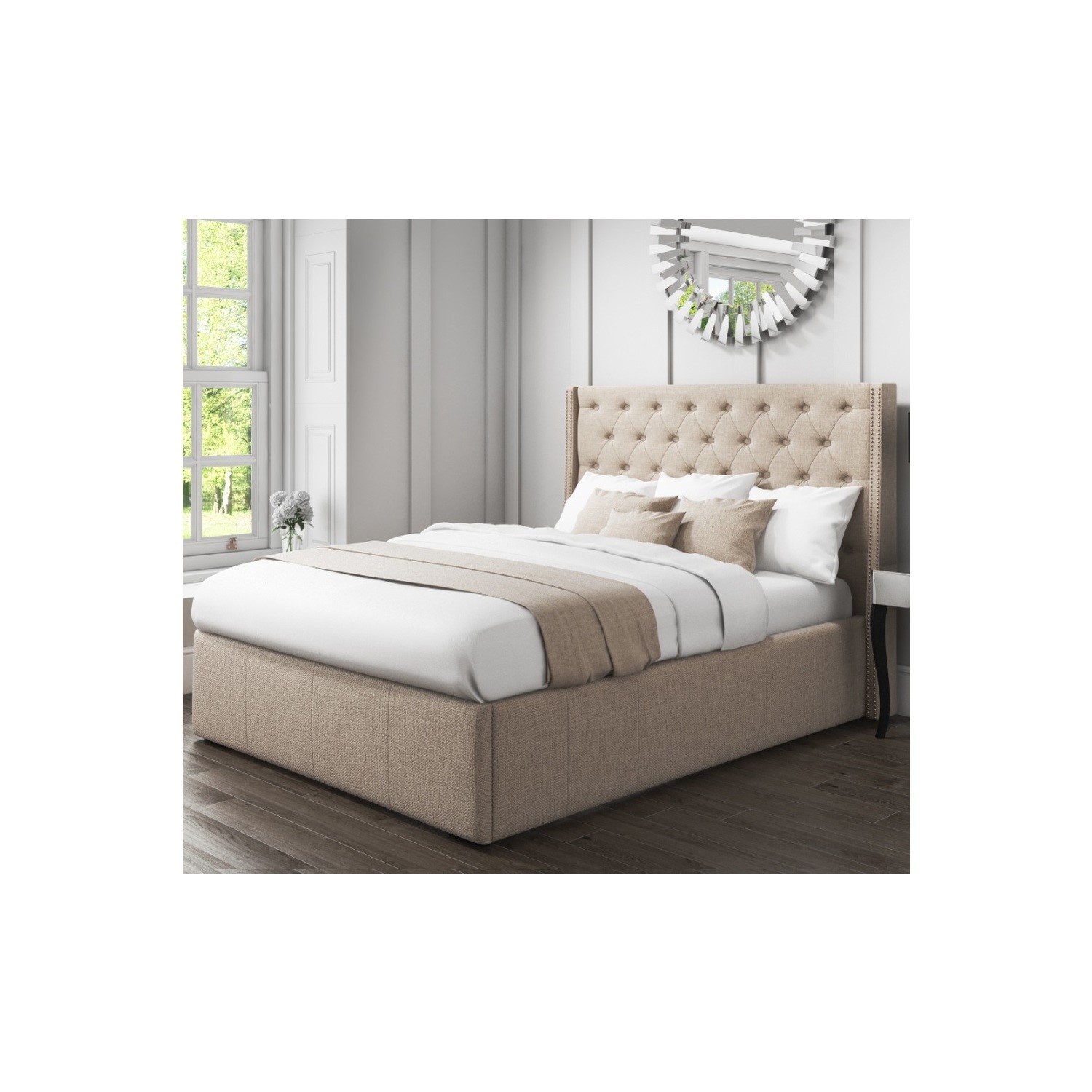 Safina Wing Back Double Ottoman Bed with Stud Detailing in Woven Beige
