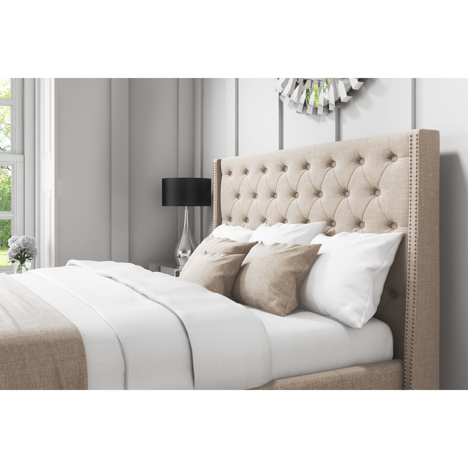 Safina Wing Back Double Ottoman Bed with Stud Detailing in Woven Beige