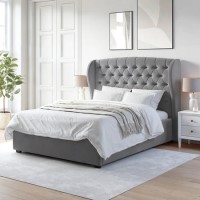 ONLY OPENED - Grey Velvet King Size Ottoman Bed with Winged Headboard - Safina ONLY OPENED - Grey Velvet King Size Ottoman Bed with Winged Headboard - Safina
