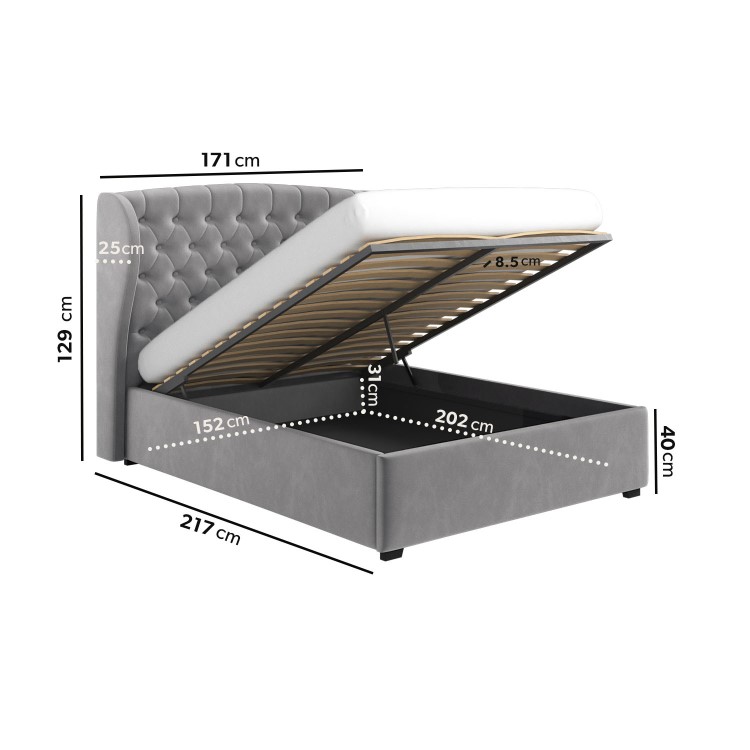 Grey Velvet King Size Ottoman Bed with Winged Headboard - Safina