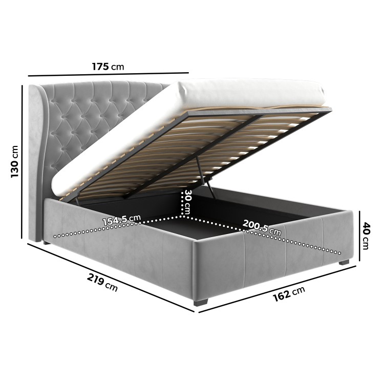 Grey Velvet King Size Ottoman Bed with Winged Headboard - Safina