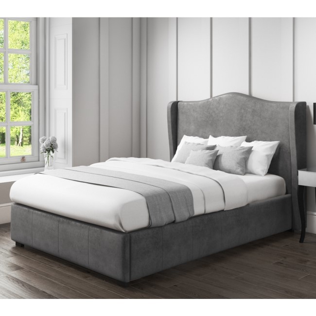 Safina Wing Back King Size Ottoman Bed in Grey Velvet