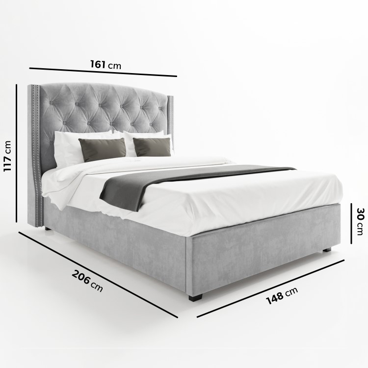 Grey Velvet Double Ottoman Bed with Chesterfield Studded Headboard - Safina