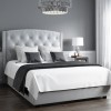 Grey Velvet King Size Ottoman Bed with Chesterfield Studded Headboard - Safina