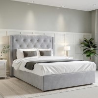 Grey Velvet King Size Ottoman Bed with Chesterfield Studded Headboard - Safina