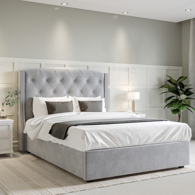 Grey Velvet King Size Ottoman Bed with Chesterfield Studded Headboard - Safina