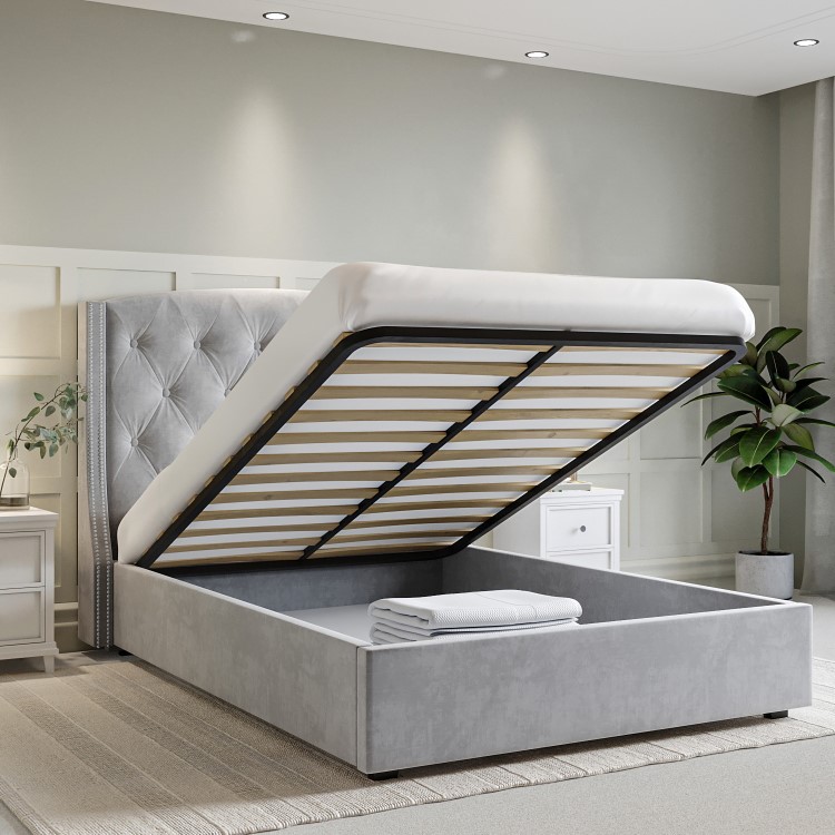 Grey Velvet King Size Ottoman Bed with Chesterfield Studded Headboard - Safina