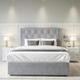 Grey Velvet King Size Ottoman Bed with Chesterfield Studded Headboard - Safina
