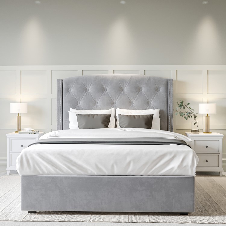 Grey Velvet King Size Ottoman Bed with Chesterfield Studded Headboard - Safina