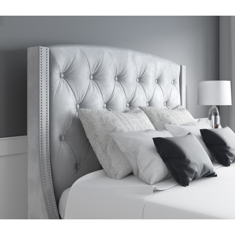 Grey Velvet King Size Ottoman Bed with Chesterfield Studded Headboard - Safina