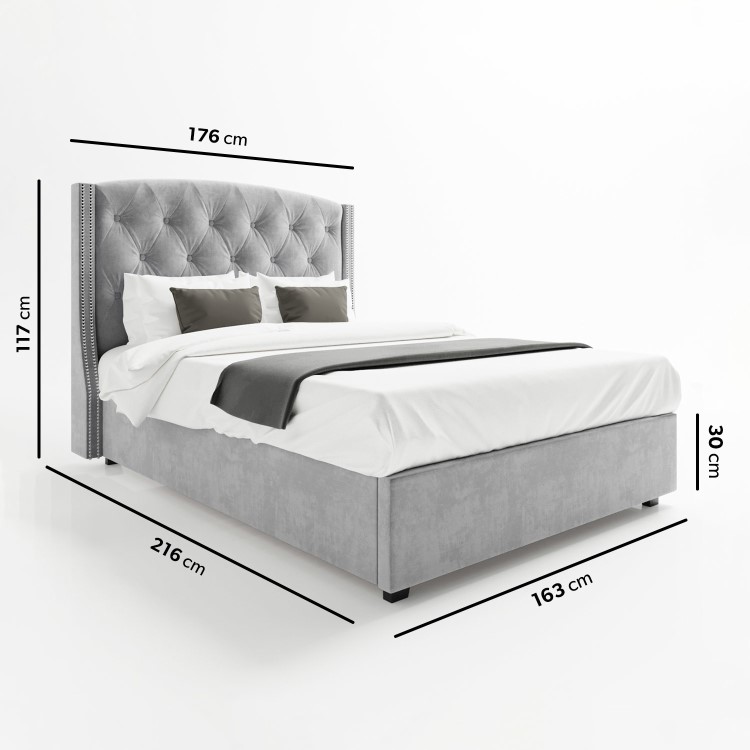 Grey Velvet King Size Ottoman Bed with Chesterfield Studded Headboard - Safina