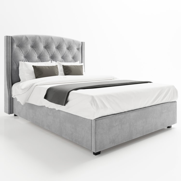 Grey Velvet King Size Ottoman Bed with Chesterfield Studded Headboard - Safina