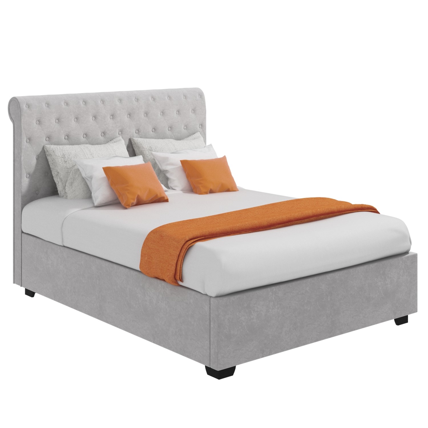 Grey Velvet King Size Ottoman Bed with Roll Top Headboard Safina