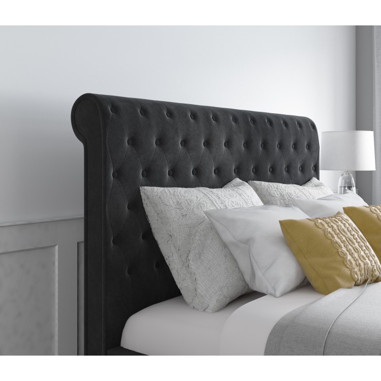 Dark Grey Velvet King Size Ottoman Bed with Roll Top Headboard - Safina