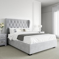 Grey Velvet Double Ottoman Bed with Diamante Headboard - Safina