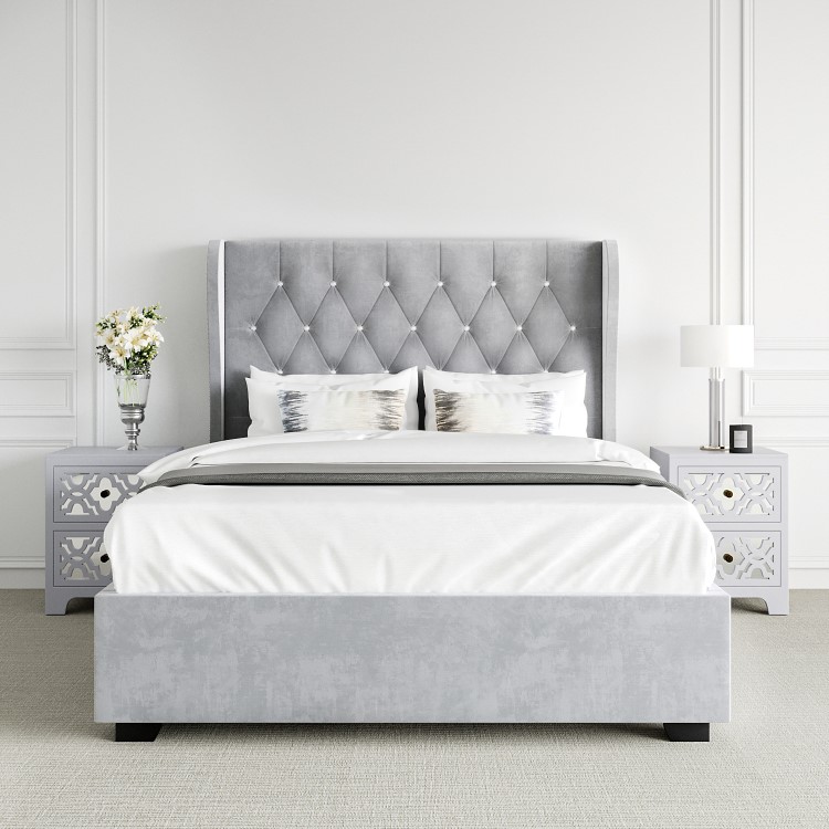 Grey Velvet Double Ottoman Bed with Diamante Headboard - Safina