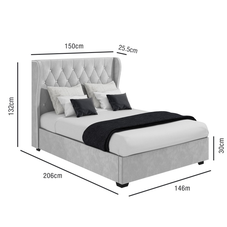 Grey Velvet Double Ottoman Bed with Diamante Headboard - Safina