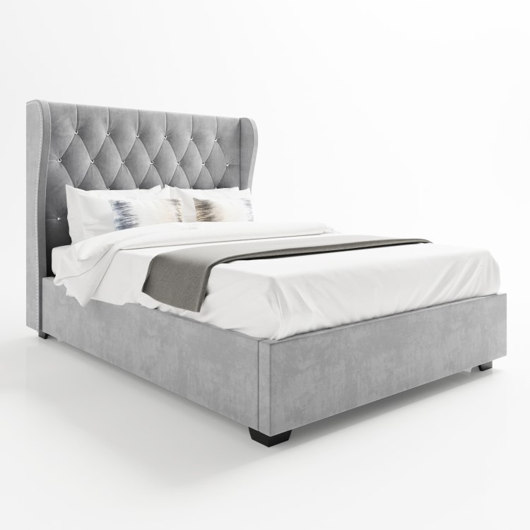 Grey Velvet Double Ottoman Bed with Diamante Headboard - Safina