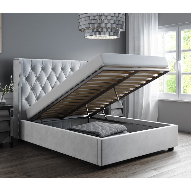 Grey Velvet Double Ottoman Bed with Diamante Headboard - Safina