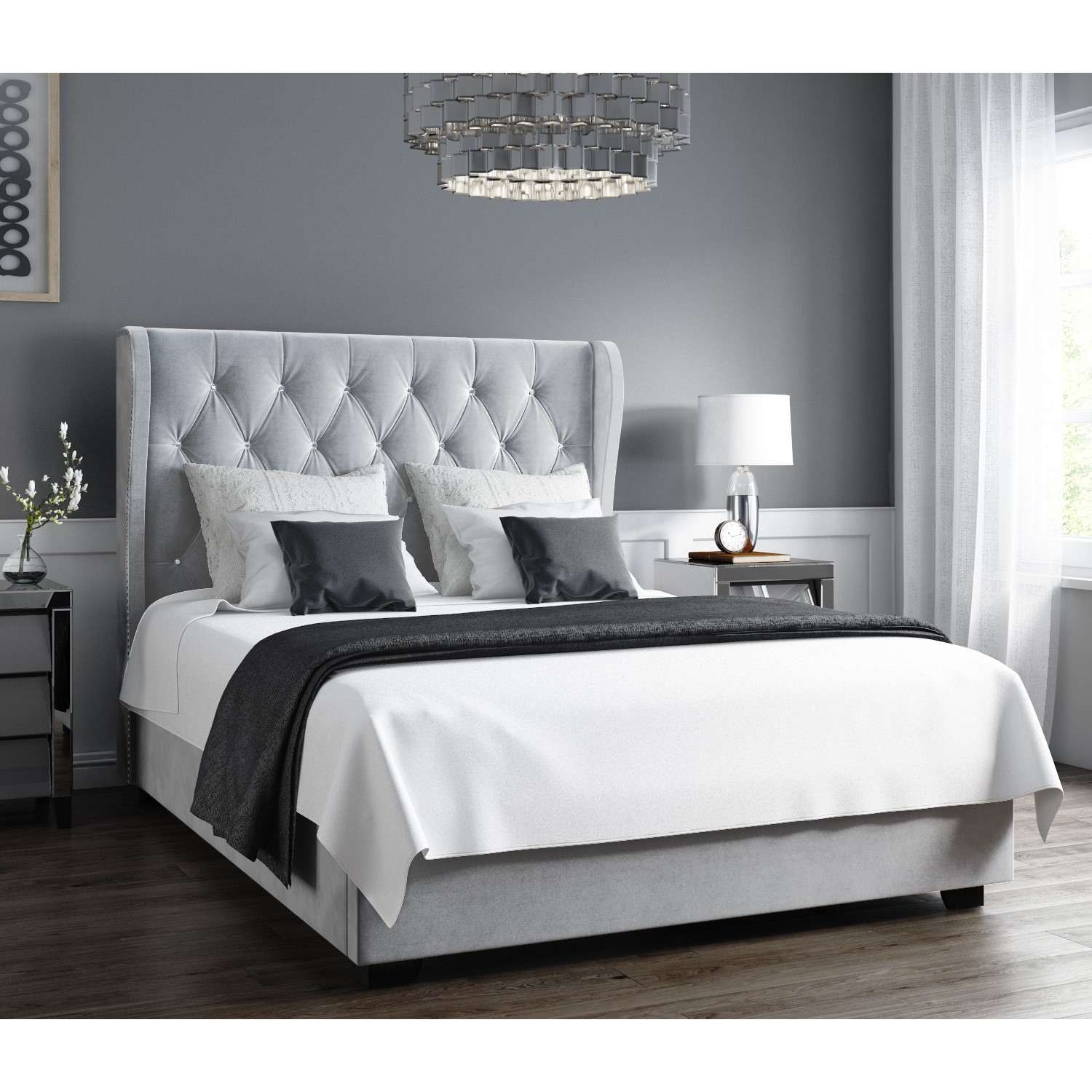 Grey Velvet Double Ottoman Bed with Diamante Headboard Safina Page 1 BuyItDirect.ie