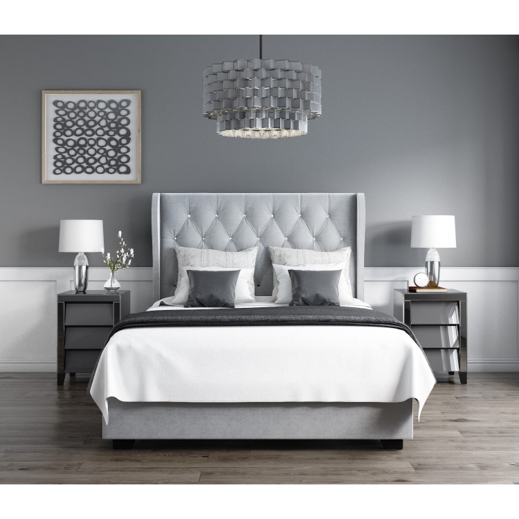 Grey Velvet Double Ottoman Bed with Diamante Headboard - Safina