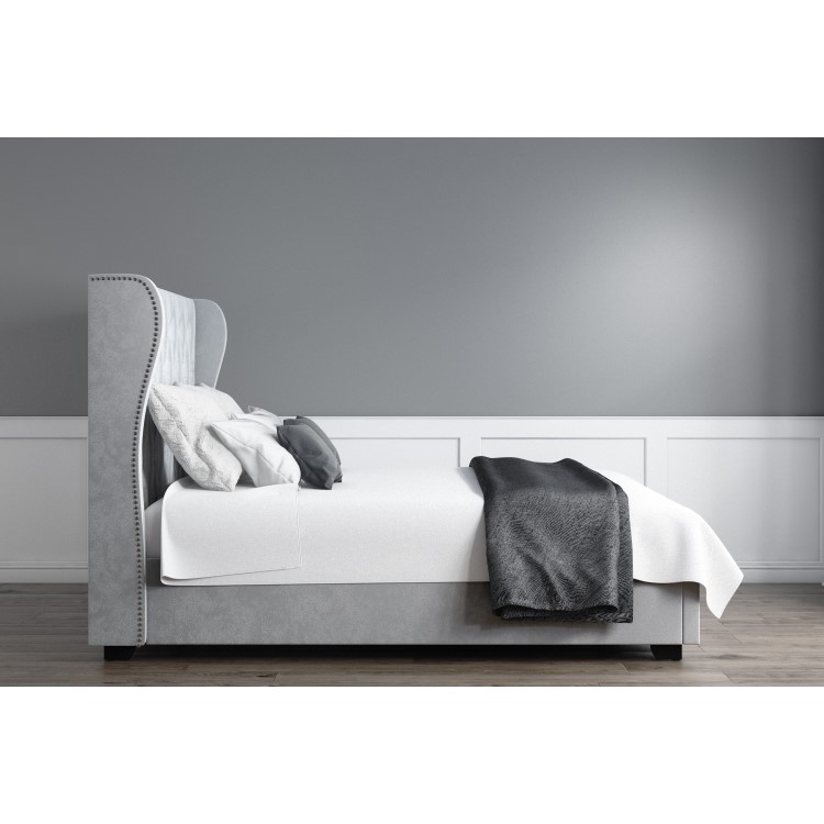 Grey Velvet Double Ottoman Bed with Diamante Headboard - Safina