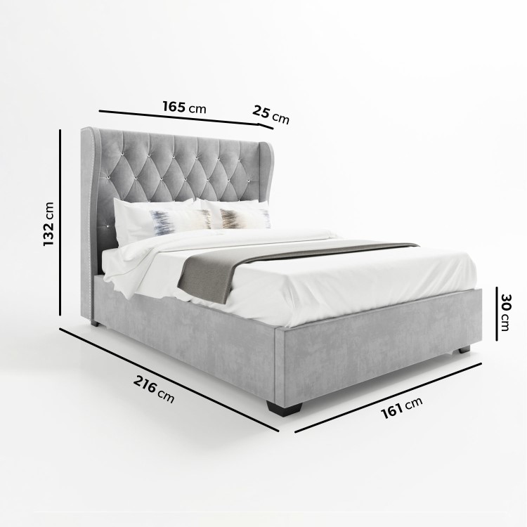 Grey Velvet King Size Ottoman Bed with Diamante Headboard - Safina