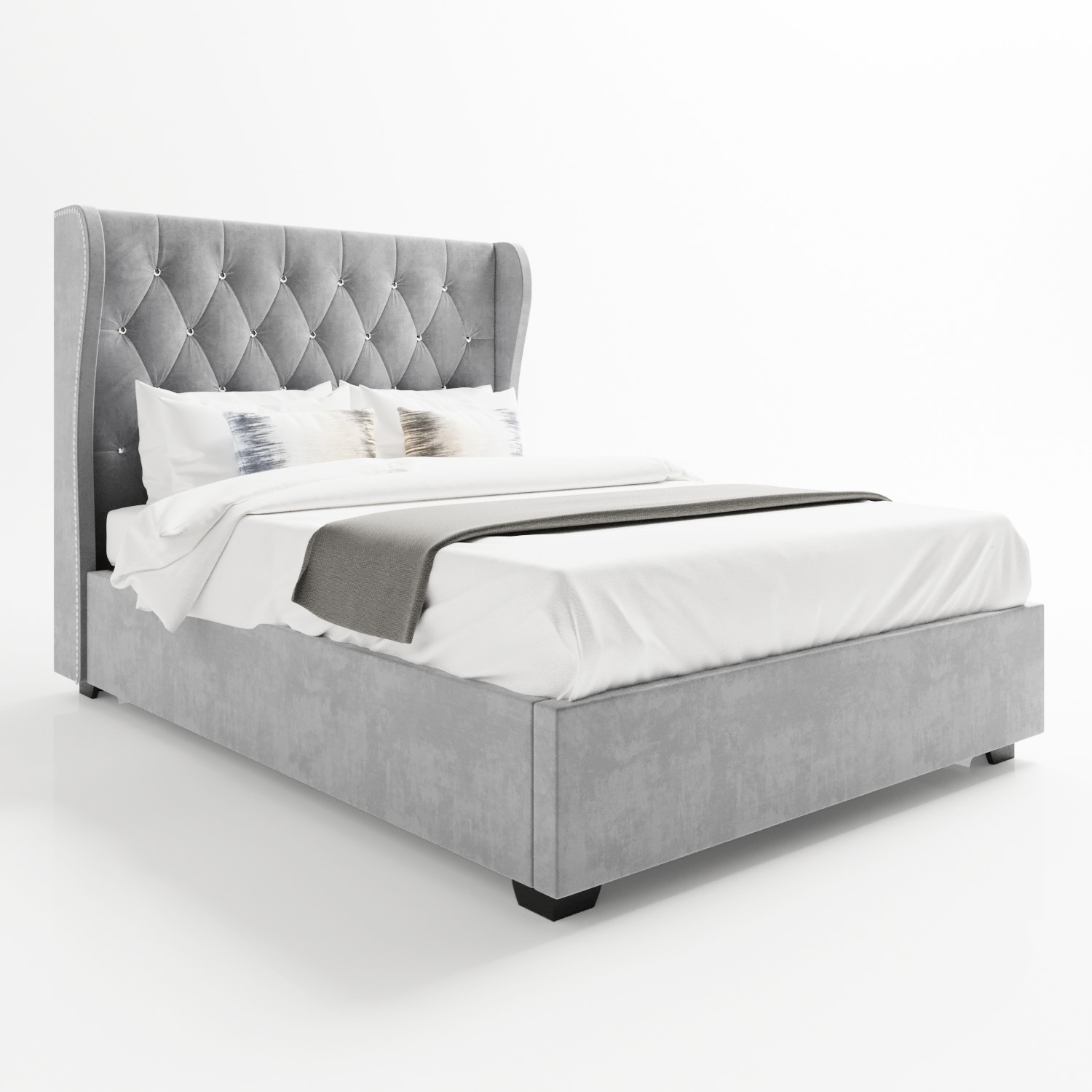 Safina Light Grey Velvet King Size Ottoman Bed With Diamante Headboard Itdirect Ie Safina Light Grey Velvet King Size, King Size Ottoman Bed