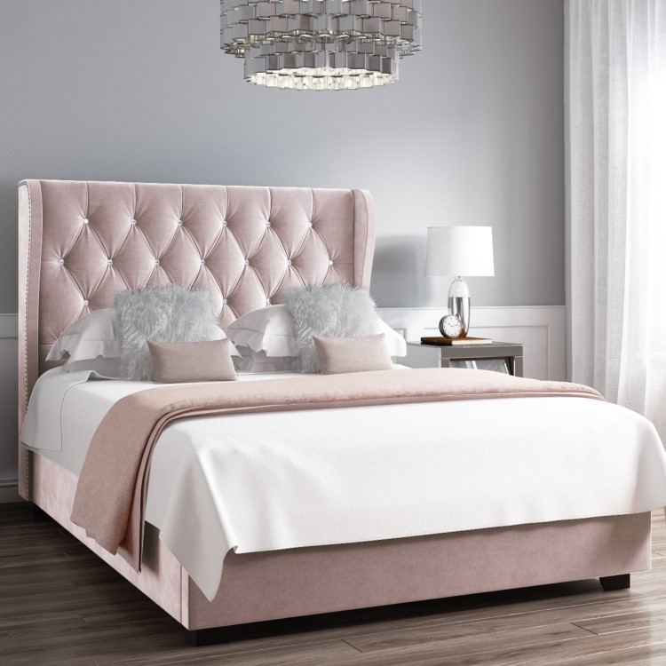 Pink Velvet Double Ottoman Bed with Diamante Headboard - Safina