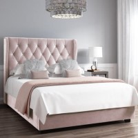 Pink Velvet Double Ottoman Bed with Diamante Headboard - Safina