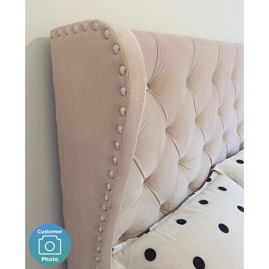 Safina Diamante Wing Back Double Ottoman Bed in Light Pink Velvet