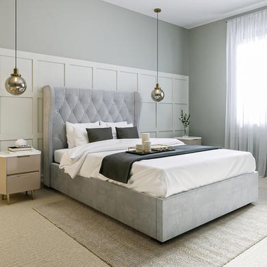 Safina Light Grey Velvet Double Ottoman, Grey Winged Headboard Double Bed
