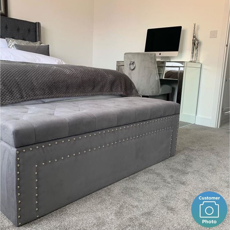 Grey Velvet Ottoman Blanket Box with Stud Detail - Safina