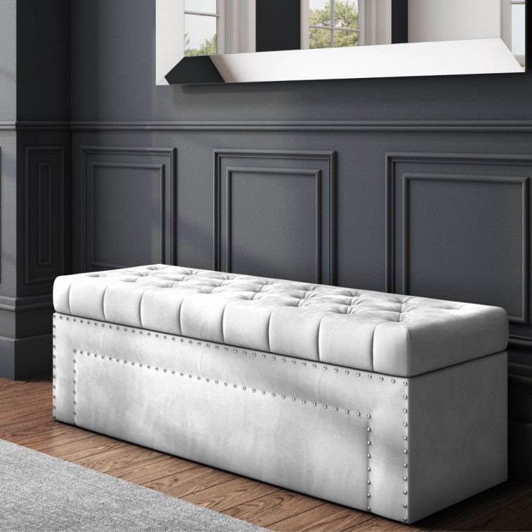 Silver Grey Velvet Ottoman Blanket Box with Stud Detail- Safina