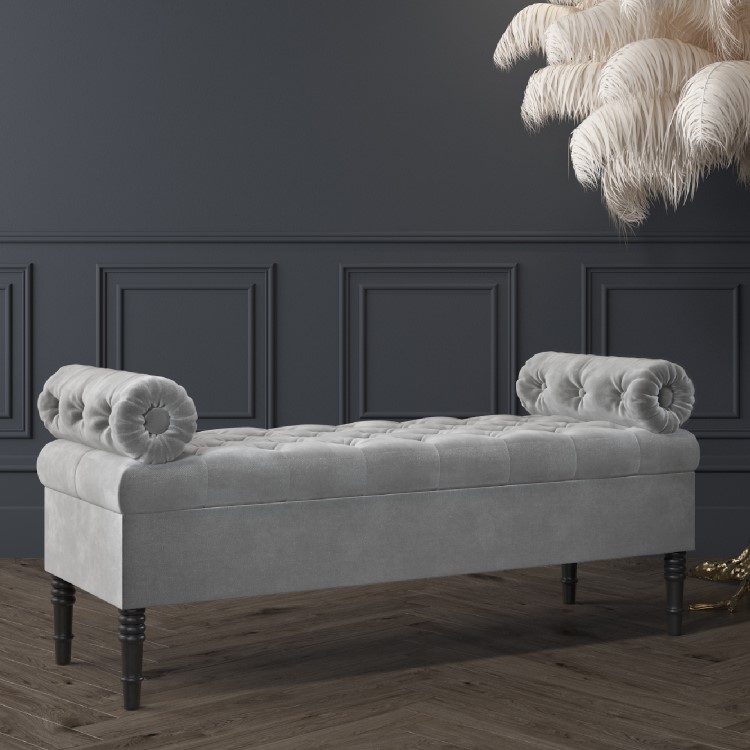 Grey Velvet End-of-Bed Ottoman Storage Bench with Bolster Cushions - Safina