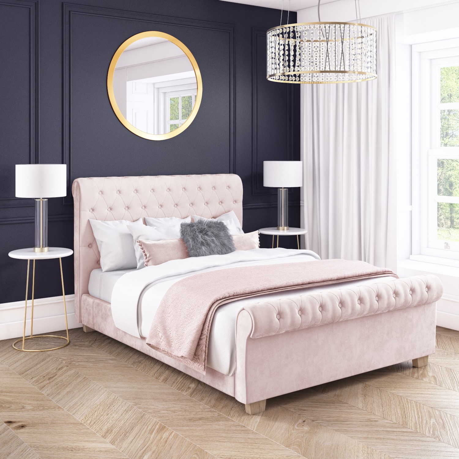 Safina Blush Pink Velvet Double Sleigh Bed With Chesterfield Roll Top Headboard Buyitdirect Ie