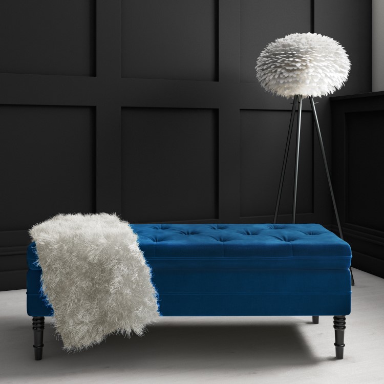 Navy Blue Velvet End-of-Bed Ottoman Storage Bench with Button Detail - Safina