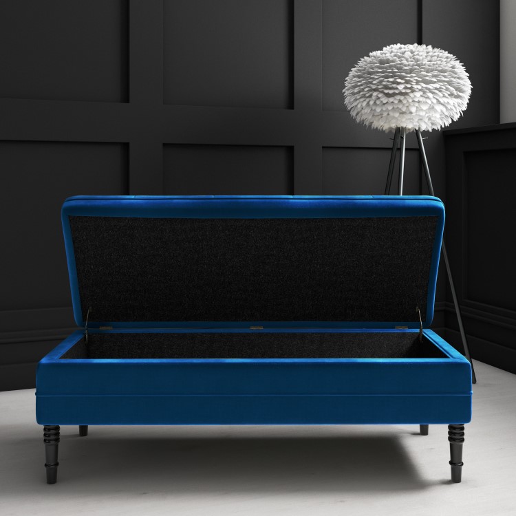 Navy Blue Velvet End-of-Bed Ottoman Storage Bench with Button Detail - Safina